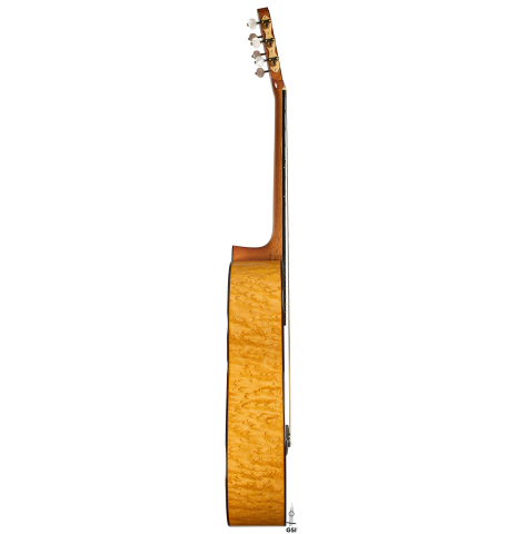 The side of a 2016 Hermann Hauser III classical guitar (ex Marcelo Kayath) made of spruce and maple