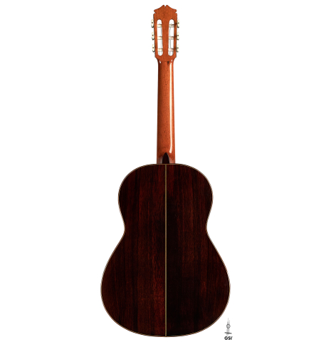 The back of a 1930 Santos Hernandez Spanish vintage classical guitar made with spruce top and CSA rosewood. 