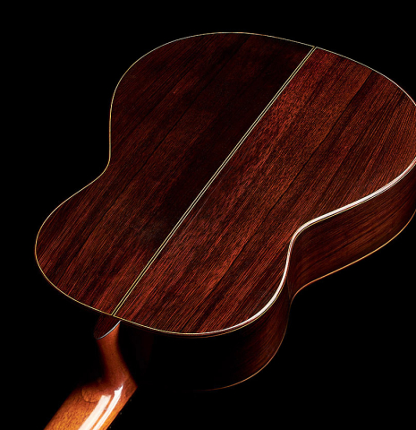 The back of a 1930 Santos Hernandez Spanish vintage classical guitar made with spruce top and CSA rosewood. 