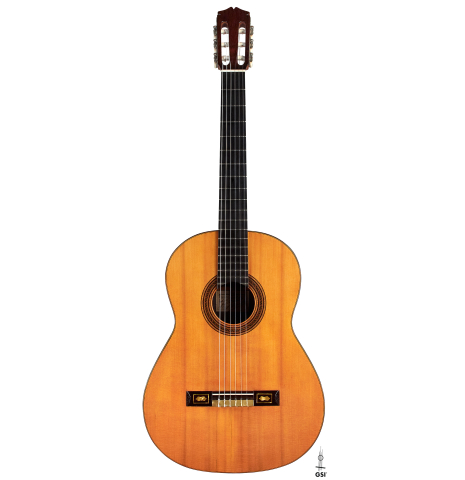 The front of a 1930 Santos Hernandez Spanish vintage classical guitar made with spruce top and CSA rosewood. 