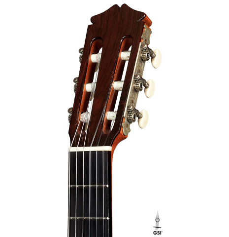 The headstock of a 1930 Santos Hernandez Spanish vintage classical guitar made with spruce top and CSA rosewood. 