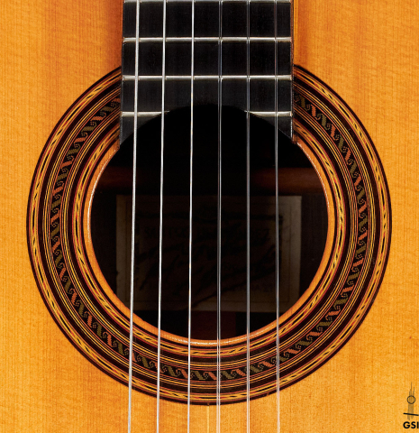 The rosette of a 1930 Santos Hernandez Spanish vintage classical guitar made with spruce top and CSA rosewood. 