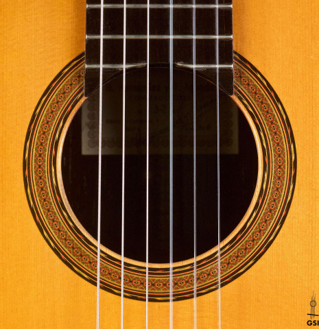 The rosette of a 1966 Hernandez y Aguado classical guitar made of spruce and CSA rosewood