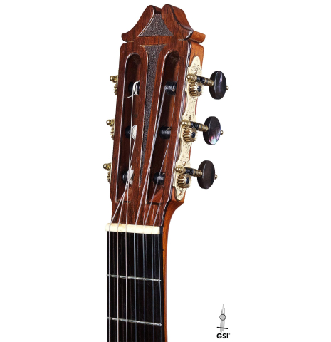 The headstock of a 1966 Hernandez y Aguado classical guitar made of spruce and CSA rosewood