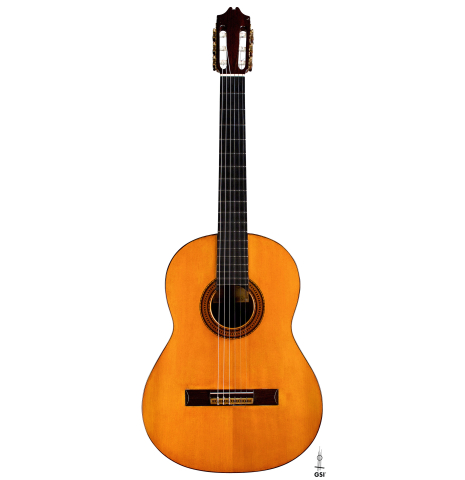 The front of a 1965 Hernandez y Aguado classical guitar made with spruce and Indian rosewood