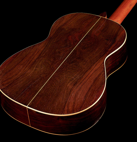 The back of a 1918 Santos Hernandez classical guitar made with spruce and csa rosewood