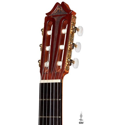 The headstock of a 1974 Hernandez y Aguado classical guitar made of spruce and CSA rosewood