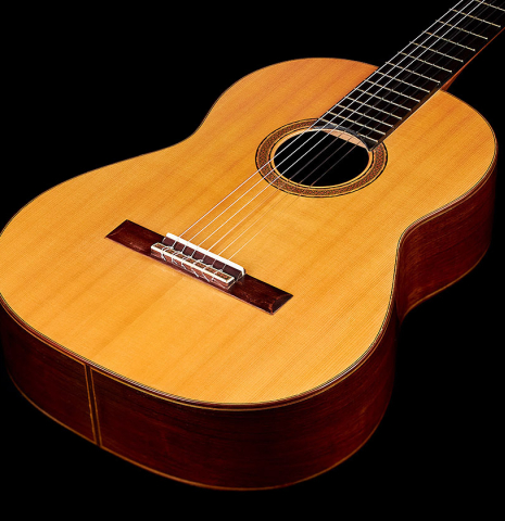 The soundboard of a 1974 Hernandez y Aguado classical guitar made of spruce and CSA rosewood