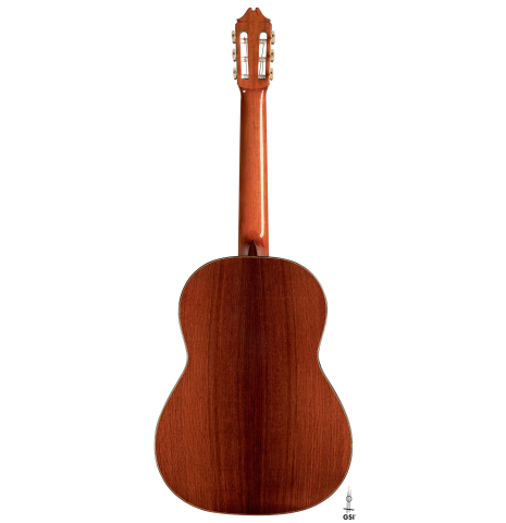 The back of a 1973 Hernandez y Aguado classical guitar made of cedar and CSA rosewood