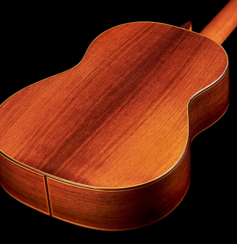 The back of a 1973 Hernandez y Aguado classical guitar made of cedar and CSA rosewood