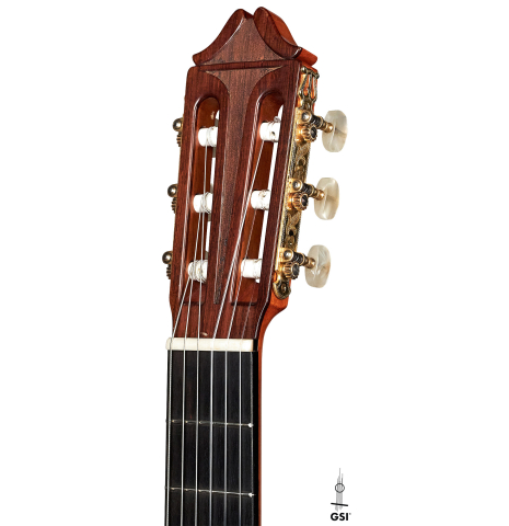 The headstock of a 1973 Hernandez y Aguado classical guitar made of cedar and CSA rosewood