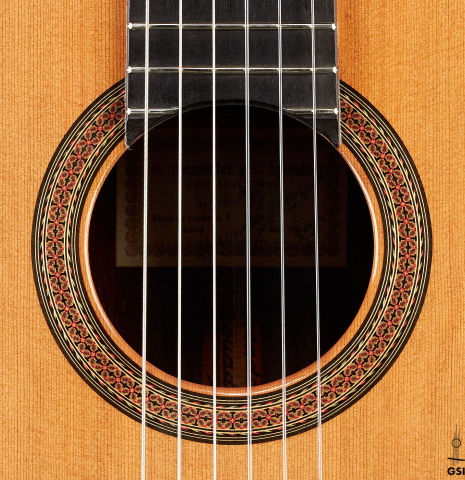 The rosette of a 1973 Hernandez y Aguado classical guitar made of cedar and CSA rosewood