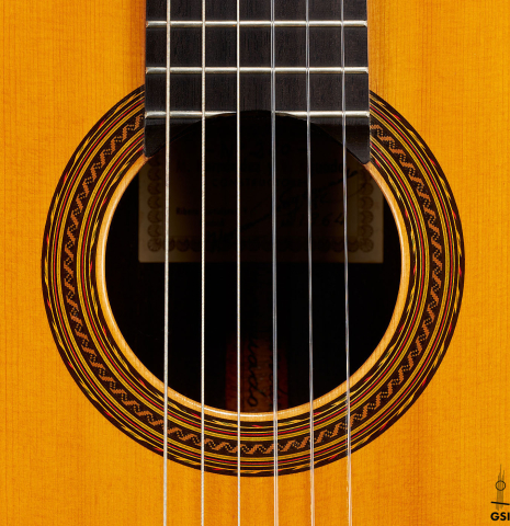 The rosette of a 1964 Hernandez y Aguado classical guitar made of spruce and CSA rosewood