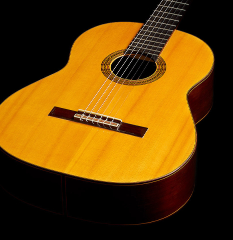 The soundboard of a 1964 Hernandez y Aguado classical guitar made of spruce and CSA rosewood