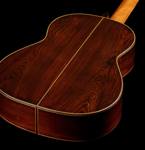 The back and sides of a 1931 Santos Hernandez classical guitar made of spruce and CSA rosewood (ex David Gómez Tárrega)