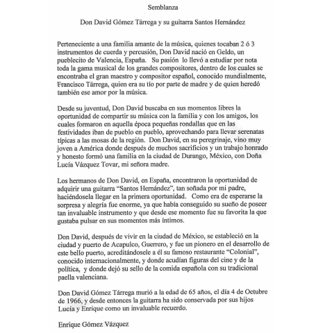 The family letter of a 1931 Santos Hernandez classical guitar made of spruce and CSA rosewood (ex David Gómez Tárrega)
