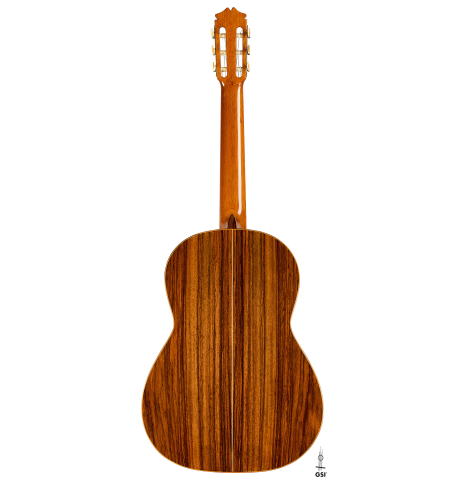 The back of a 1941 Santos Hernandez classical guitar made of spruce and CSA rosewood