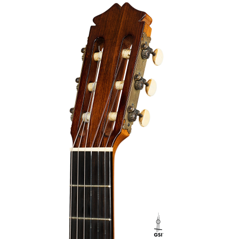 The headstock of a 1941 Santos Hernandez classical guitar made of spruce and CSA rosewood