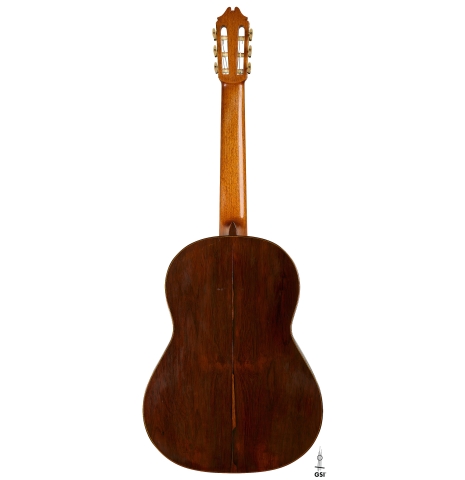 The back of a 1970 Hernández y Aguado classical guitar made of cedar and CSA rosewood