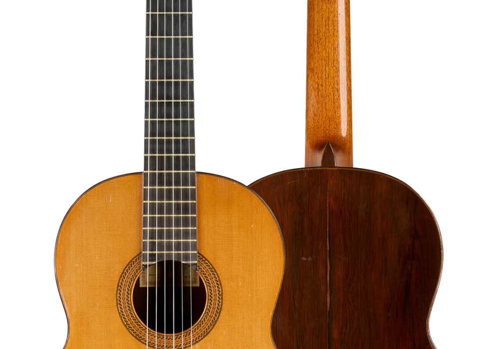Front and back of a 1970 Hernández y Aguado classical guitar, cedar and CSA rosewood