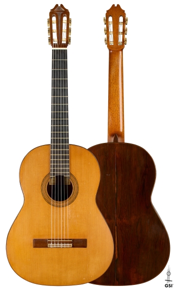 Front and back of a 1970 Hernández y Aguado classical guitar, cedar and CSA rosewood