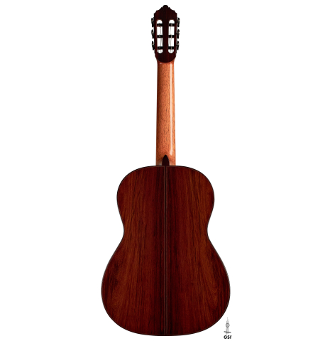 The back of a 2022 Dietmar Heubner classical guitar made with spruce and African rosewood