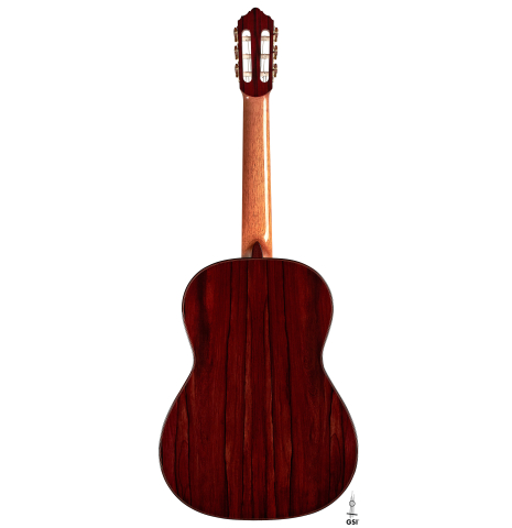 The back of a 2023 Dietmar Heubner classical guitar made with spruce and African rosewood