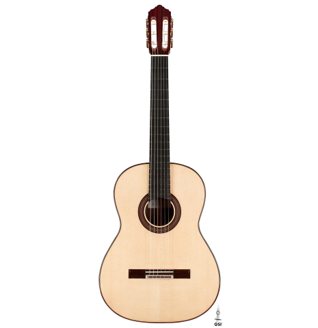 The front of a 2023 Dietmar Heubner classical guitar made with spruce and African rosewood