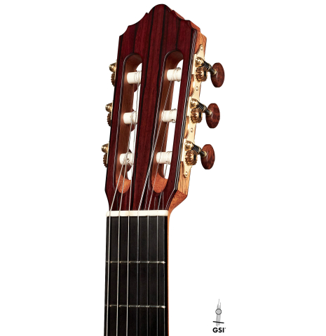 The headstock and tuners of a 2023 Dietmar Heubner classical guitar made with spruce and African rosewood