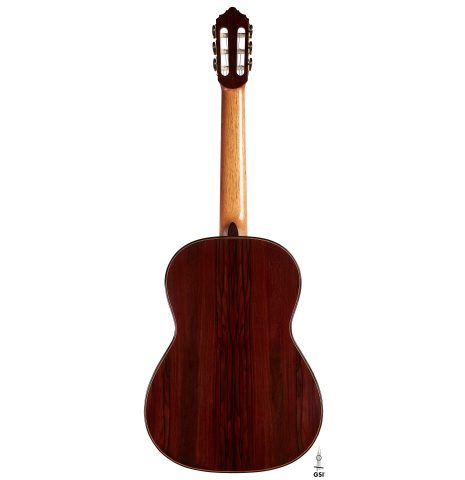 The back of a 2024 Dietmar Heubner "Bois de Rose" classical guitar made with spruce and African rosewood