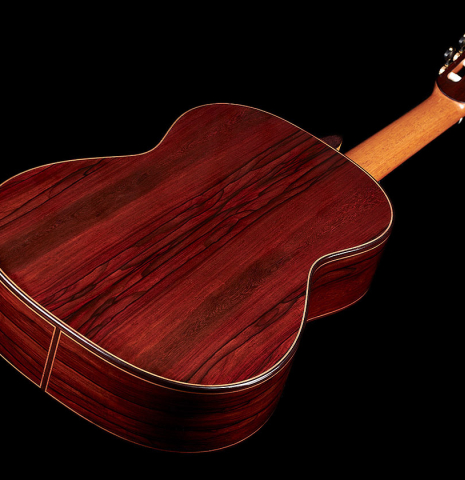 The back and sides of a 2024 Dietmar Heubner "Bois de Rose" classical guitar made with spruce and African rosewood