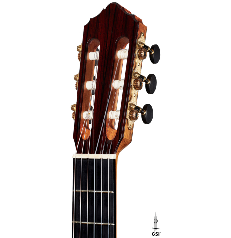 The headstock of a 2024 Dietmar Heubner "Bois de Rose" classical guitar made with spruce and African rosewood
