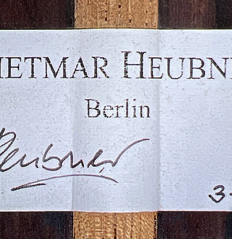 The label of a 2024 Dietmar Heubner "Bois de Rose" classical guitar made with spruce and African rosewood