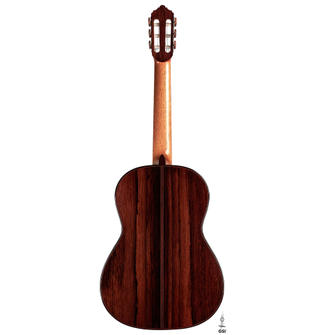 The back of a 2022 Dietmar Heubner classical guitar made with cedar and African rosewood