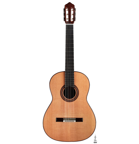 The front of a 2022 Dietmar Heubner classical guitar made with cedar and African rosewood