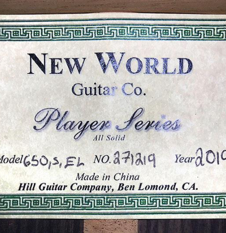 2019 "New World" by Hill Guitar Company "650-S-EL" SP/IN
