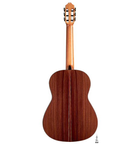 This is the back of a 2022 Kenny Hill "Signature SP/CD" SP/IN classical guitar on a white background
