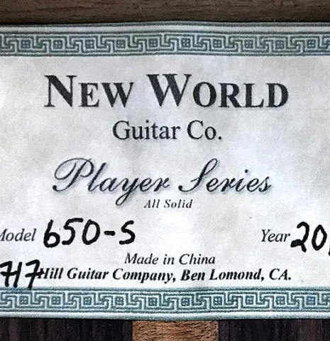 2017 "New World" by Hill Guitar Company "650-S" SP/IN