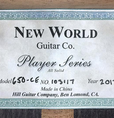 2017 "New World" by Hill Guitar Company "650-CE" CD/IN