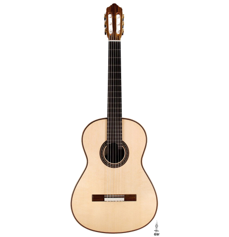 The front of a 2016 Kenny Hill "Performance" classical guitar made of spruce and Indian rosewood