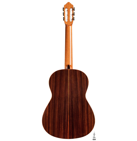 The back of a 2016 Kenny Hill "Performance" classical guitar made of spruce and Indian rosewood