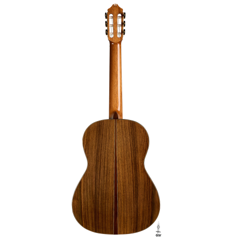 The back of a 2025 Kenny Hill "New Century CD/SP" classical guitar made of a cedar/spruce double-top and Indian rosewood back and sides