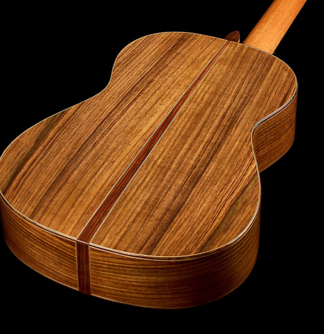 The back and sides of a 2025 Kenny Hill "New Century CD/SP" classical guitar made of a cedar/spruce double-top and Indian rosewood back and sides