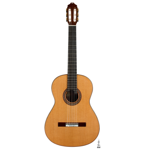 The front of a 2025 Kenny Hill "New Century CD/SP" classical guitar made of a cedar/spruce double-top and Indian rosewood back and sides