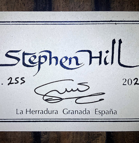 The label of a 2021 Stephen Hill classical guitar made with cedar and exotic ebony