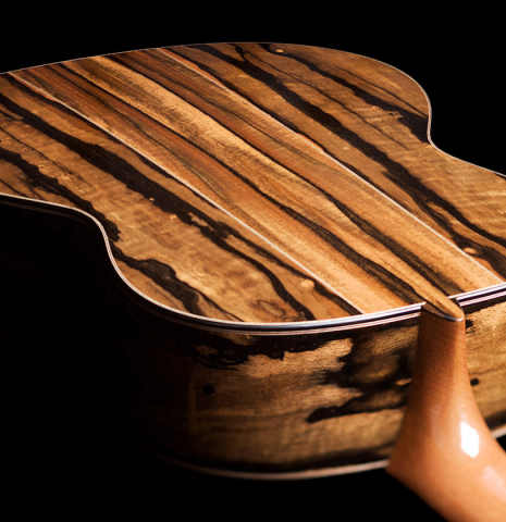 The Exotic Ebony back and sides of a 2021 Stephen Hill classical guitar made with cedar top
