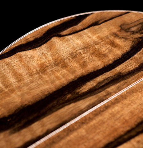 The Exotic Ebony back and sides of a 2021 Stephen Hill classical guitar made with cedar top