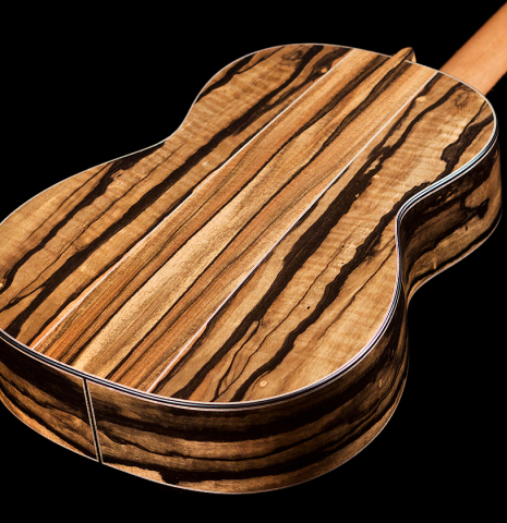 The Exotic Ebony back and sides of a 2021 Stephen Hill classical guitar made with cedar top