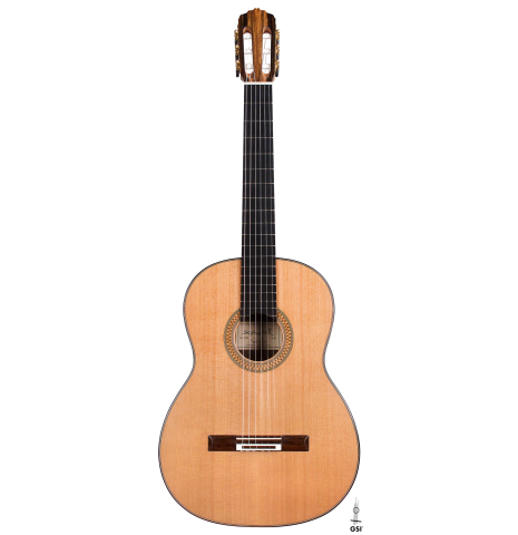The front of a 2021 Stephen Hill classical guitar made with cedar and exotic ebony