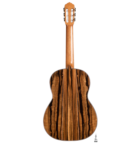 The back of a 2021 Stephen Hill classical guitar made with cedar and exotic ebony